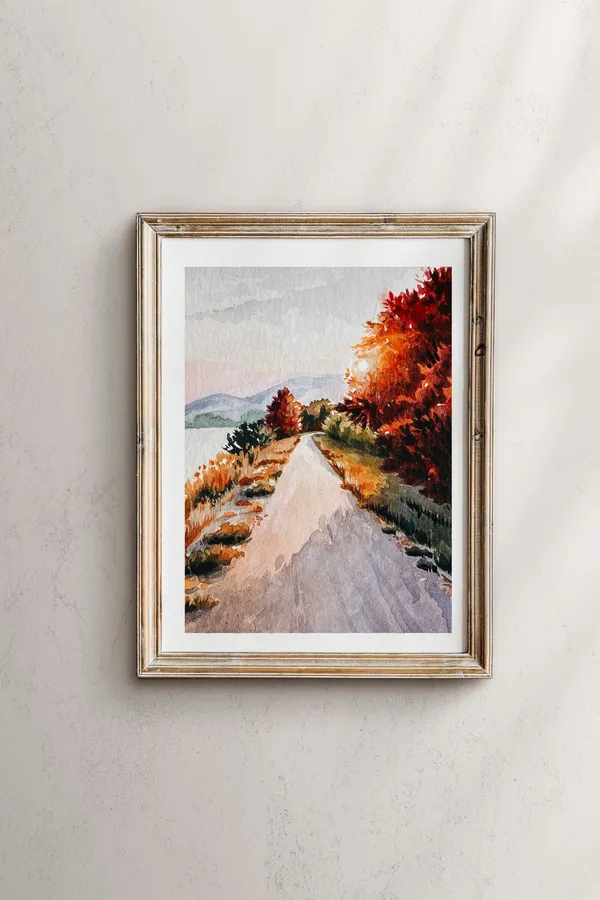 Fall Sunrise Watercolor Landscape, Autumn Art Print