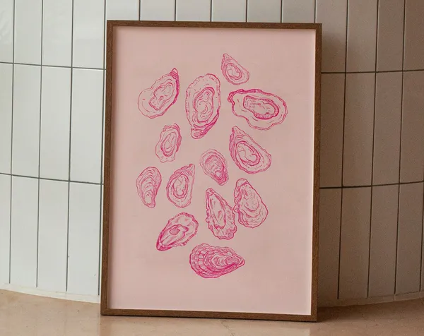Pink And Red Oyster Art Print, Minimalist Coastal