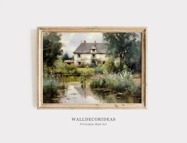 Cottage Rose Garden Oil Painting, Victorian Decor