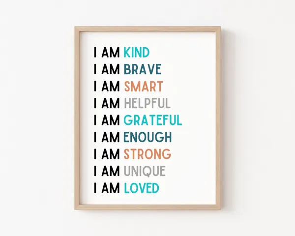 Kids Affirmations Classroom Poster, I Am Kind Smart Loved