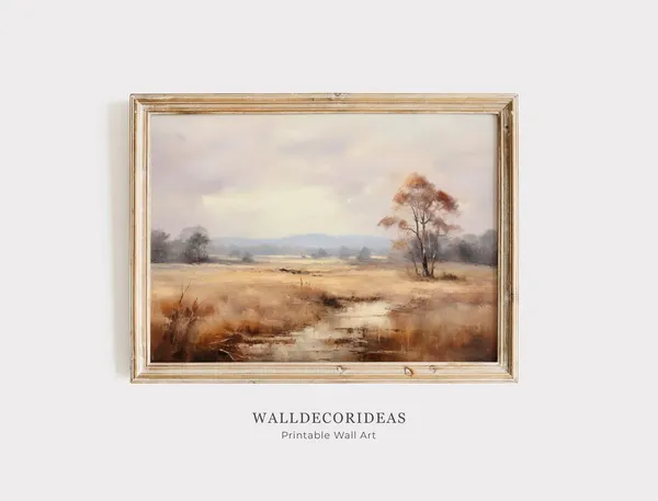 Fall Landscape Vintage Painting, Farmhouse Decor