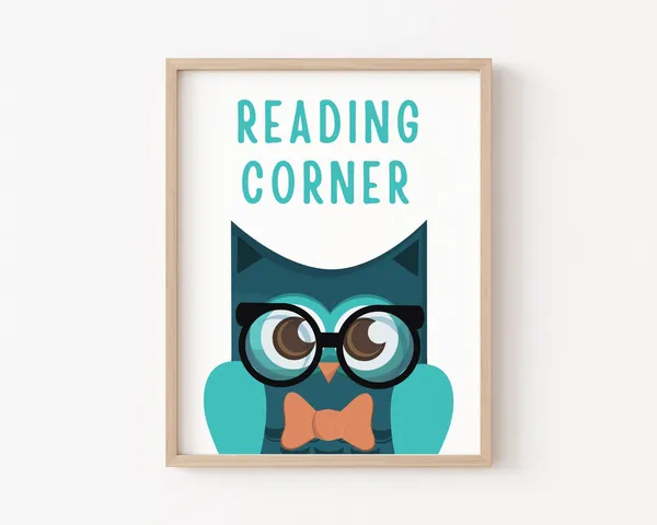 Owl Reading Corner Sign Art Print, Kids Room Decor