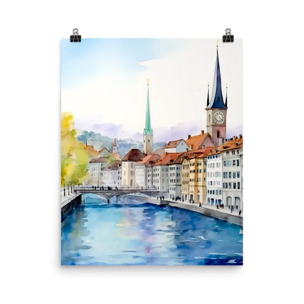 Zurich Watercolor Print, Switzerland Landmark Decor
