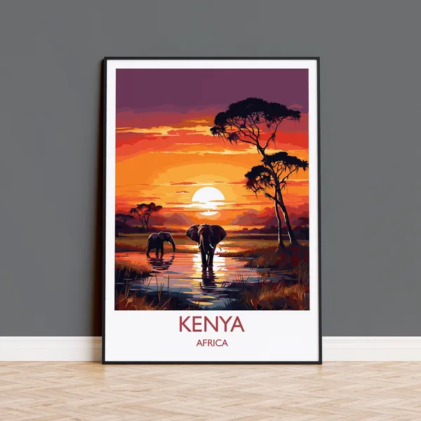 Kenya Travel Poster, Africa Sunset Travel Poster