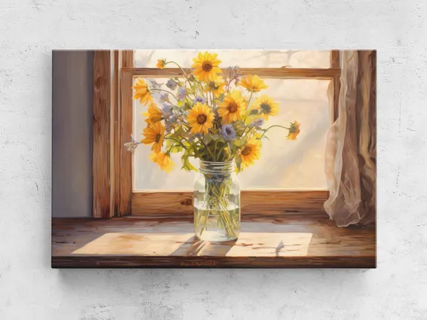 Flowers in Mason Jar, Rustic Floral Art Print