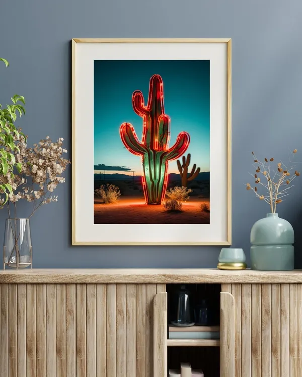 Western Desert Cactus Neon Sign Art Print