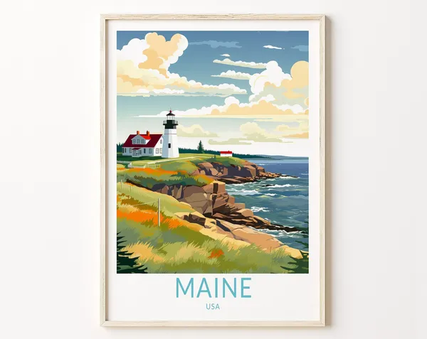Maine Coastal Travel Poster, Maine State Travel Art