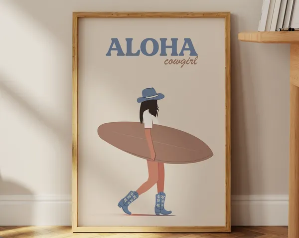 Blue Coastal Cowgirl Art Print, Surf Girl Aloha