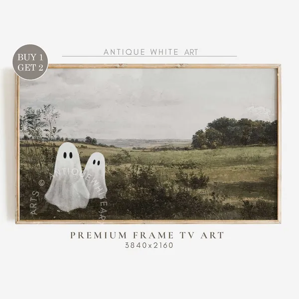 Cute Ghosts in Vintage Landscape, Halloween Art Print