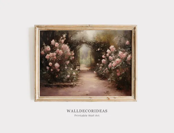 Vintage Rose Garden Landscape, French Garden Art Print