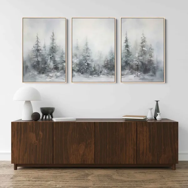 Winter Pine Trees Abstract Triptych, Wall Art Print