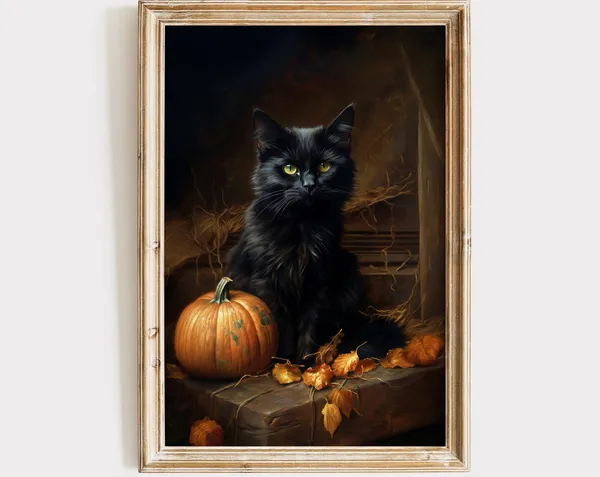 Black Cat Pumpkin Halloween Art Print, Dark Academia