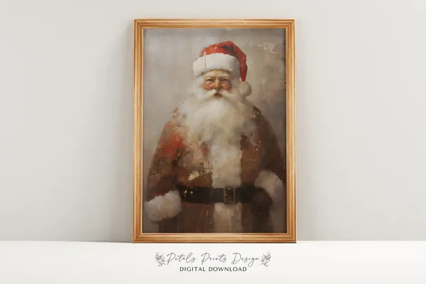 Vintage Santa Still Life Painting, Rustic Christmas Art