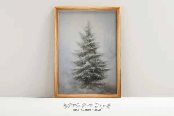 Vintage Pine Tree Christmas Art Print, Rustic Holiday Decor