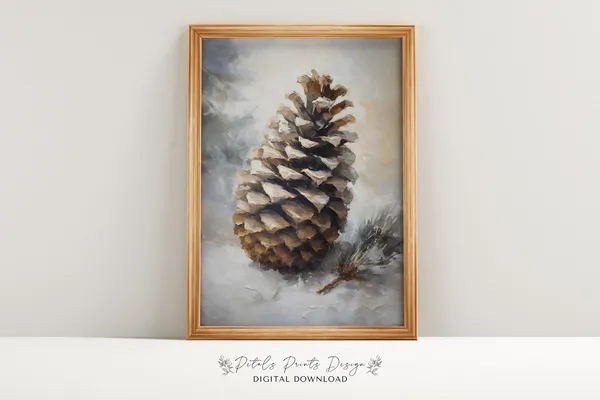 Vintage Pinecone Christmas Art Print, Rustic Holiday Decor