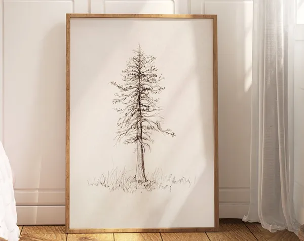 Pine Tree Pencil Sketch, Vintage Winter Art Print