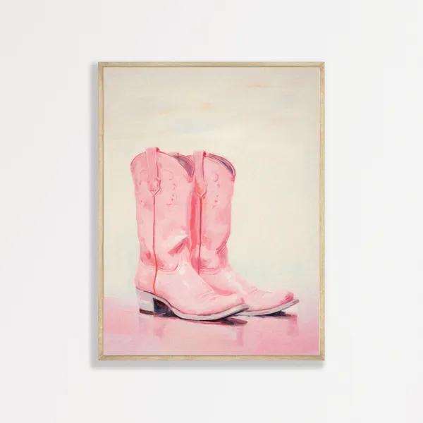 Pink Cowgirl Boots, Pastel Minimal Retro Art Print