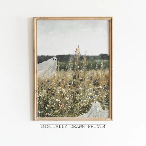 Cute Ghost On A Flower Meadow Vintage Art Print