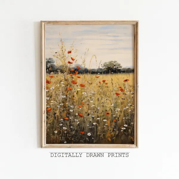 Autumn Wildflower Field Landscape Vintage Farmhouse Art Print