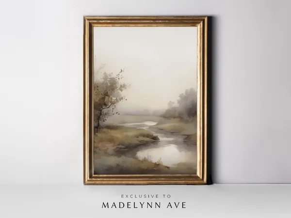 Neutral Fall Landscape Watercolor, Autumn River Art Print