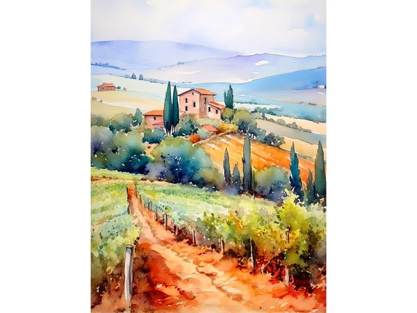 Tuscany Winery Watercolor Art Print, Italy Landscape