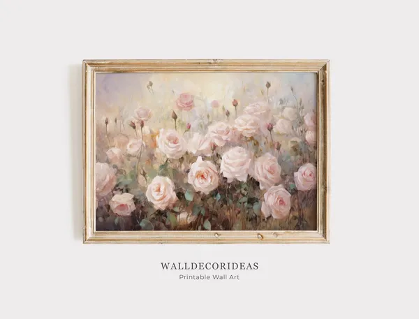 Roses Field Painting Vintage Floral Art Print