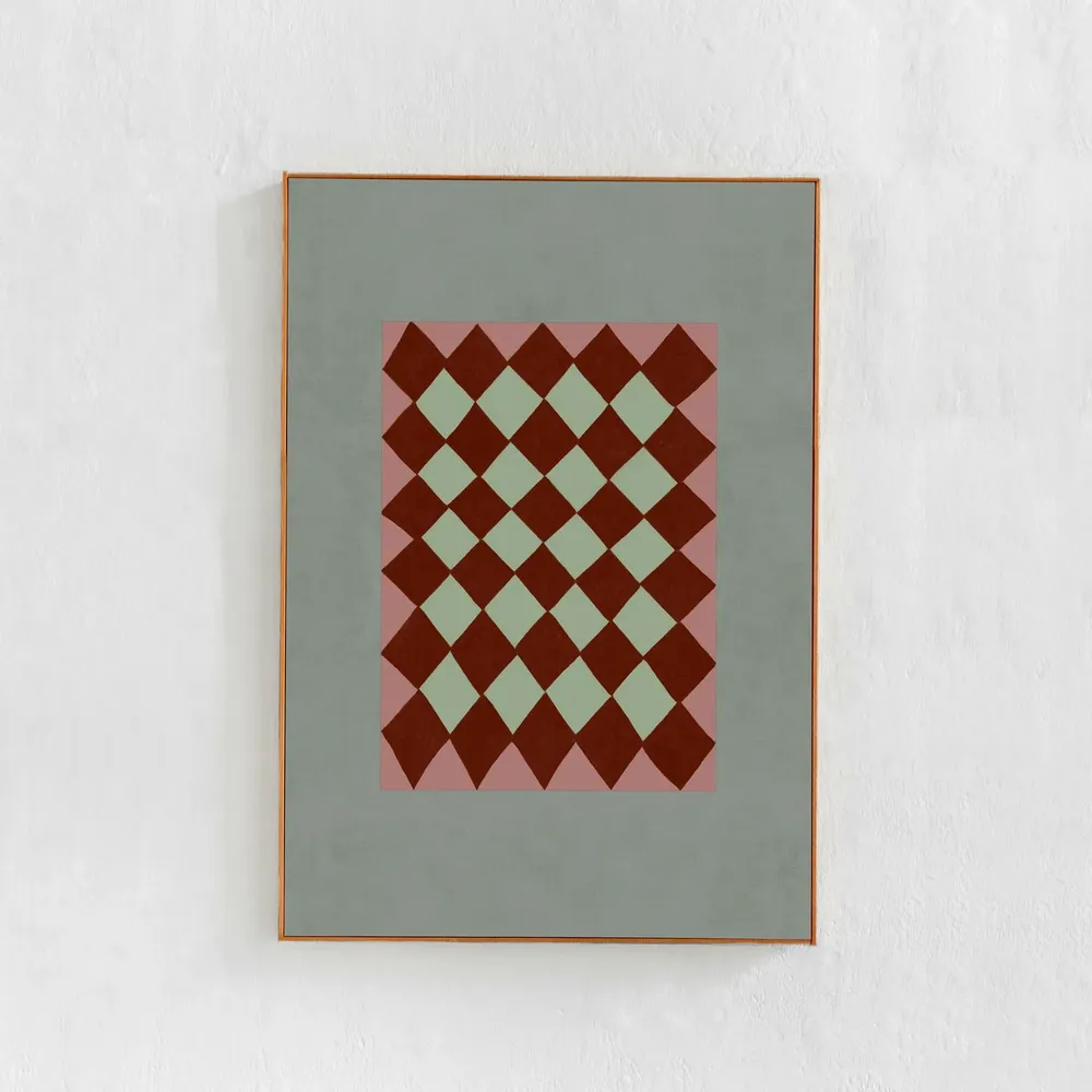 Scandi Modern Checkered Abstract Art Print, Sage Pink
