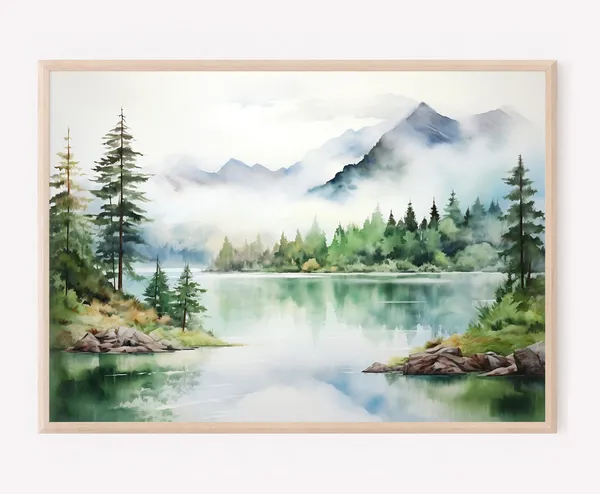 Mountain Lake Watercolor Landscape, Pine Forest Print