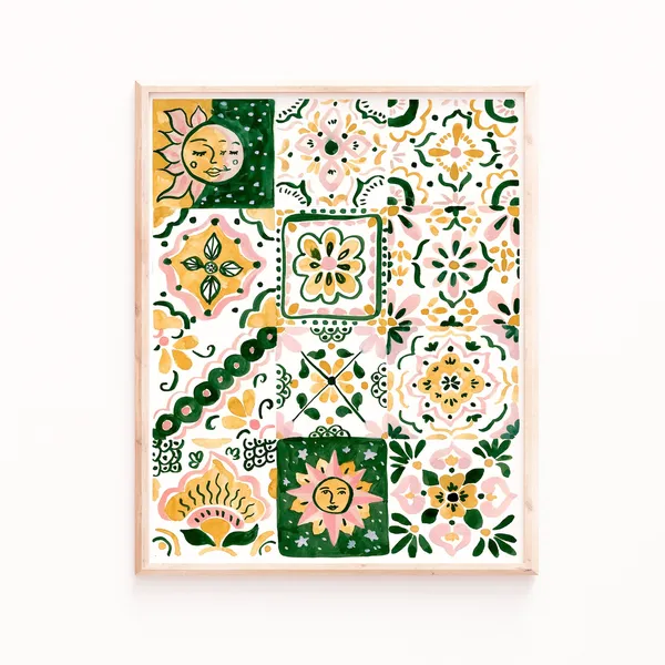 Talavera Tiles Art Print, Boho Mexican Wall Decor