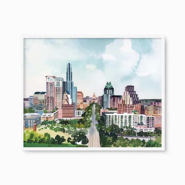 Austin Downtown Watercolor Travel Poster, Texas Capitol