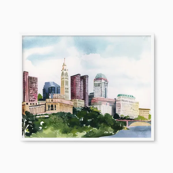 Columbus Ohio Watercolor Skyline, Travel Poster