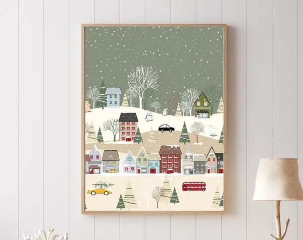 Bustling Winter Village Christmas Scene Art Print