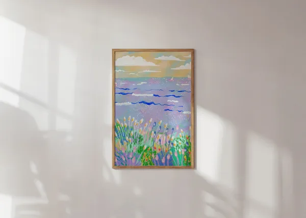 Colorful Seascape Painting, Vibrant Beach Scenery
