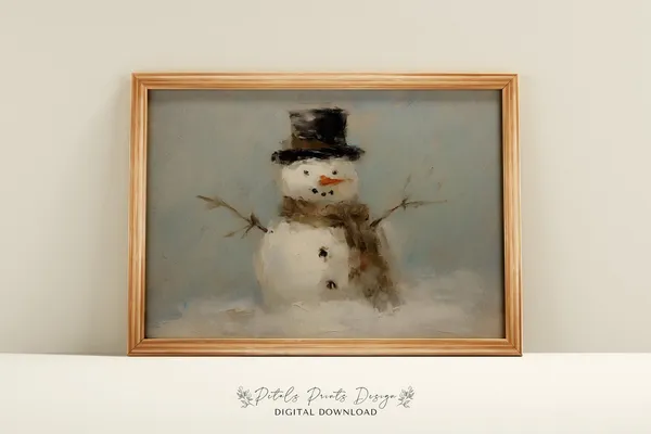 Christmas Snowman Still Life, Rustic Vintage Art Print