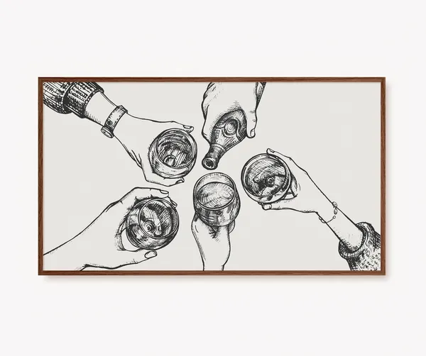 Retro Cheers Sketch, Home Bar Wine Glasses Art Print