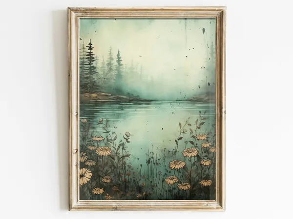 Vintage Mountain Landscape Art Print, Wildflower Forest