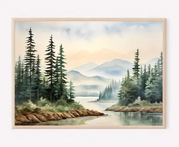 Misty Mountain Watercolor Art Print, Panoramic Landscape