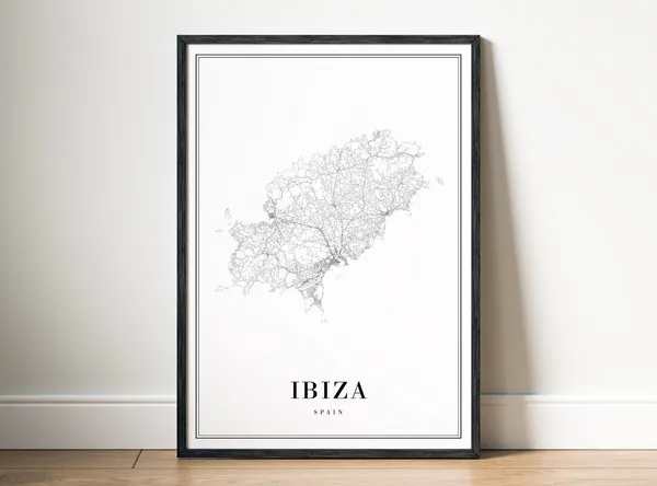 Ibiza Spain Map Poster, Black and White Travel Print