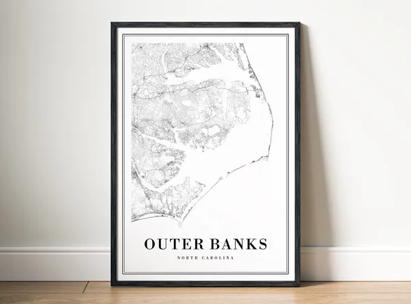 Outer Banks North Carolina Map Art Print, Mono