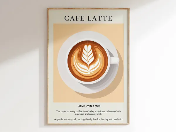 Cafe Latte Coffee Print Art Poster, Retro Italian Kitchen