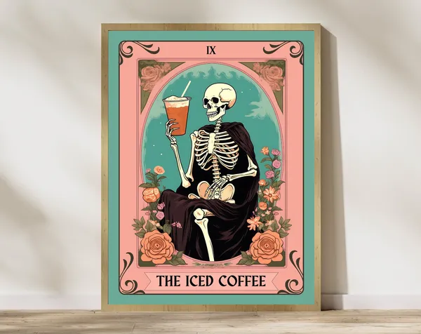 Iced Coffee Tarot Card Art Print, Witchy Vintage Halloween