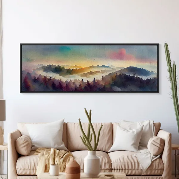 Watercolor Sunset Landscape Art Print, Emerald Green