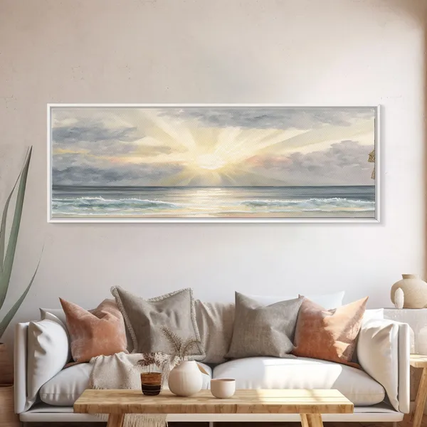 Beach Sunset Watercolor Art Print, Panoramic Lakehouse