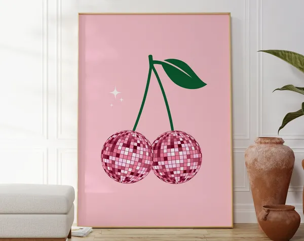 Cherry Disco Ball Print, Funky Preppy Decor Poster