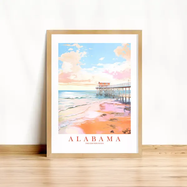 Alabama Travel Poster, Retro Pink Orange Teal Landscape