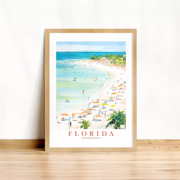 Florida Travel Poster, Retro Pink Orange Teal Beach Landscape