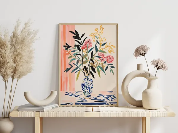 Scandi Flower Vase Illustration, Boho Floral Art Print