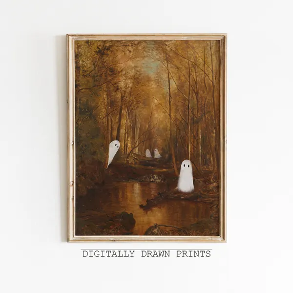 Cute Ghosts In Autumn Forest Vintage Painting Art Print