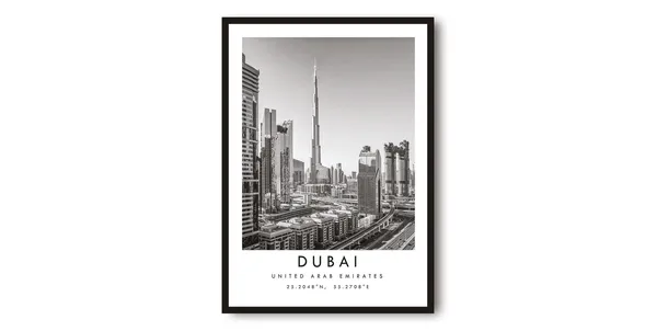 Dubai Travel Print, Minimalist Black And White Art Print