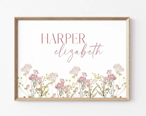 Girl Flowers Nursery Name Sign Art Print